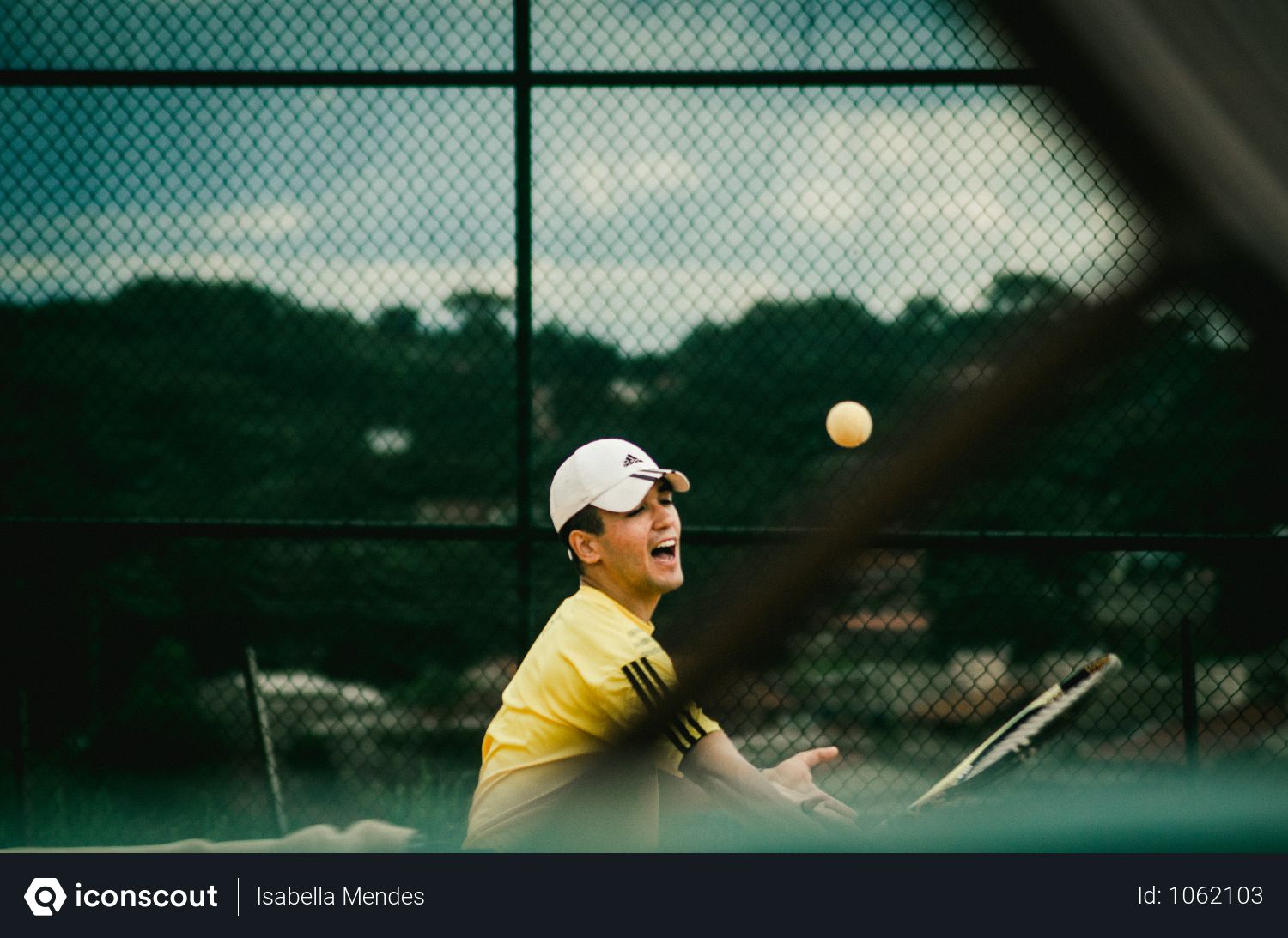 Download Free Man Wearing Yellow T Shirt With White Cap Playing Tennis Photo Download In Png Jpg Format PSD Mockup Templates