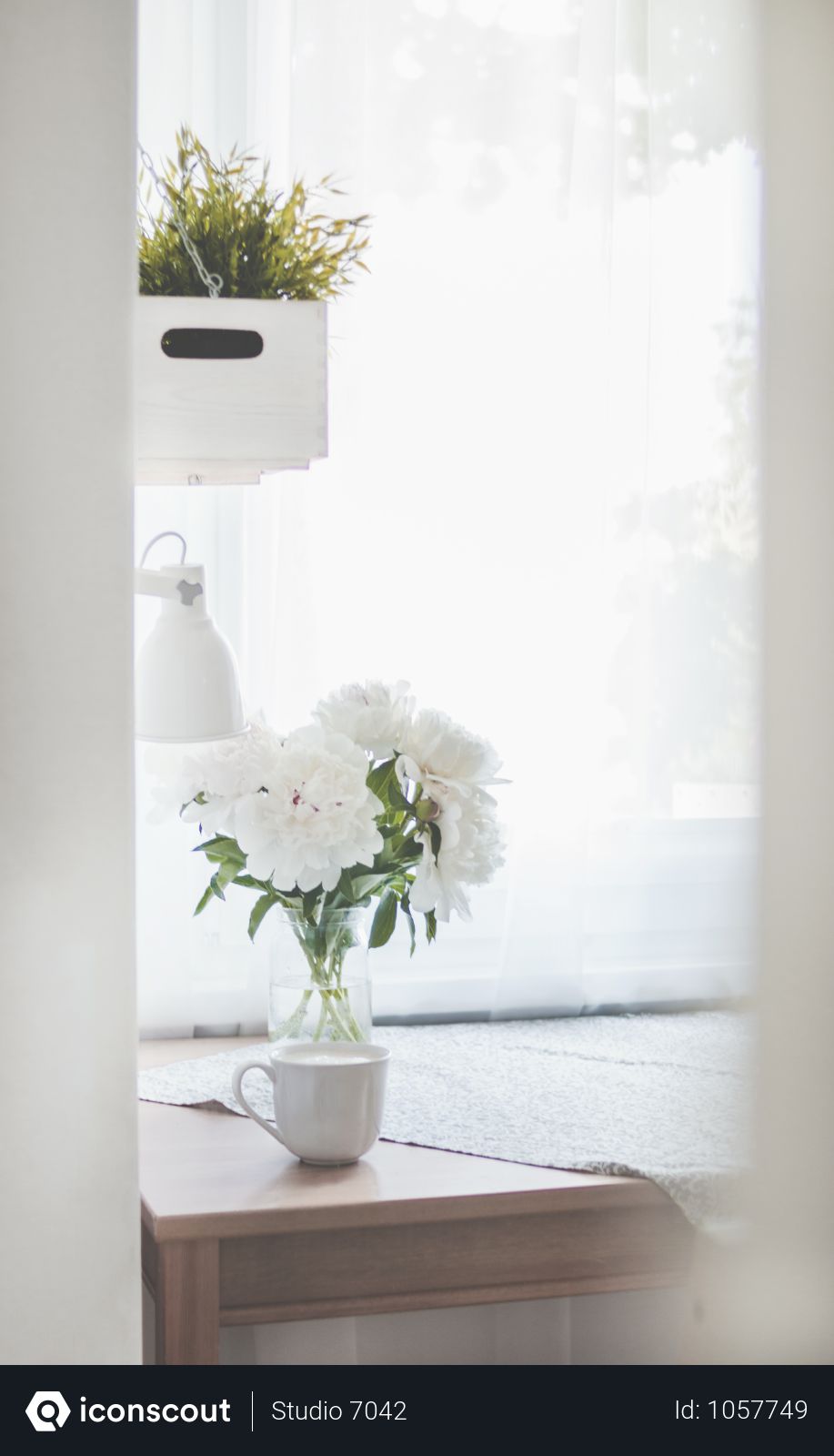 Free White Peonies In Clear Glass Vase Centerpiece Near A White