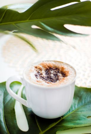 Cappuccino Coffee Served On Leaves On White Surface Photo