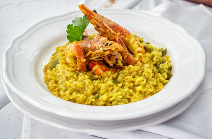 Cereals Prawn In White Plate Photo