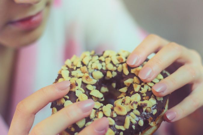 Chocolate Donuts Dessert Holding By Woman Photo