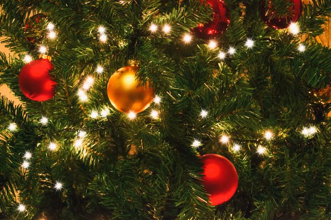Christmas Ball And Lights Decoration On Christmas Tree Photo