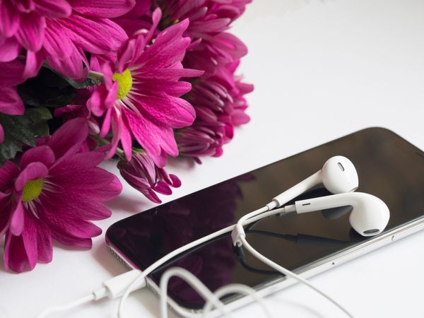 Close-Up Photography Of Earphones On Top Of Iphone 6 Near Flowers Photo