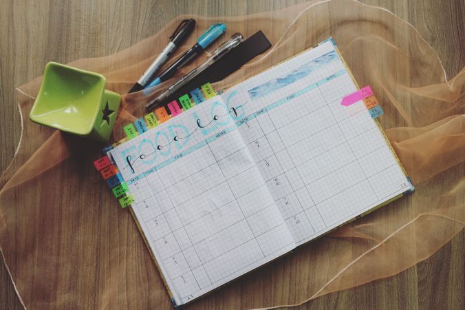 Daily Planner Diary With Colorful Marker Pens And Sharpner Photo