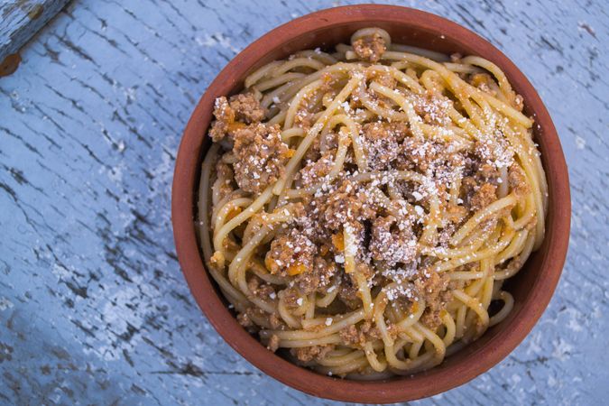 Delicious Bolognesse Spaghetti In Ceramic Bowl Photo