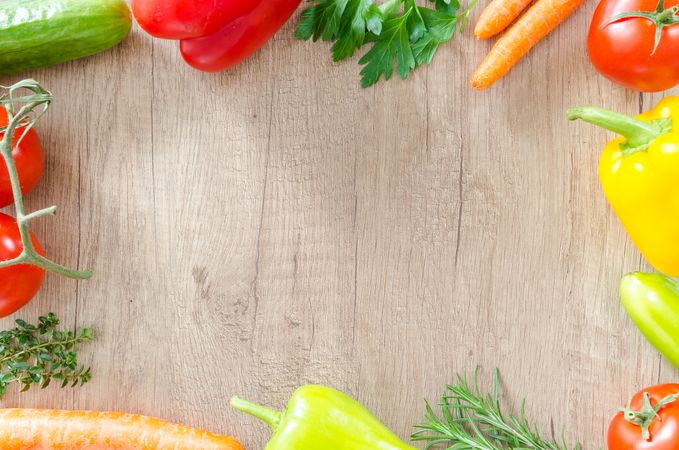 Fresh And Healthy Vegetables Set Round On Wooden Table Photo