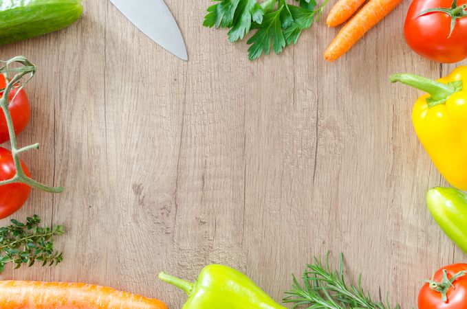 Fresh Carrots, Tomatoes Bell Pepper With Knife On Wooden Table Photo