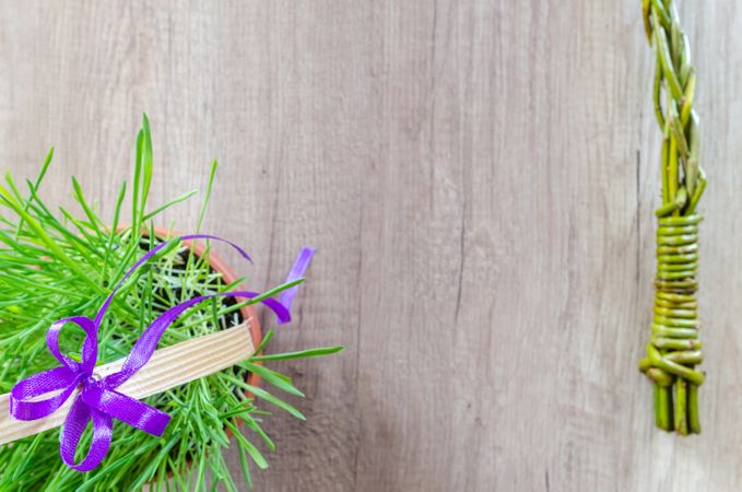 Plant Basket With Purple Ribbon On Wooden Table Photo
