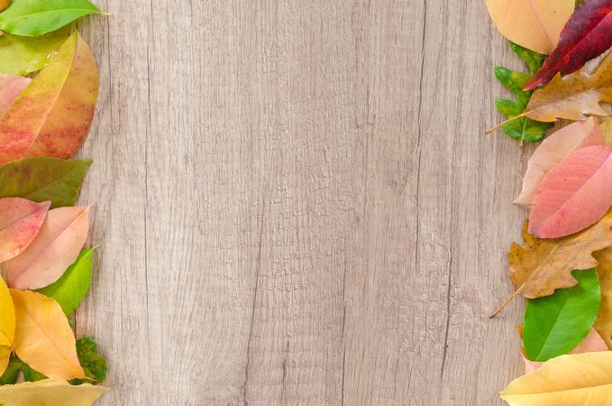 Side Borders Of Autumn Leaves On Wooden Table Photo