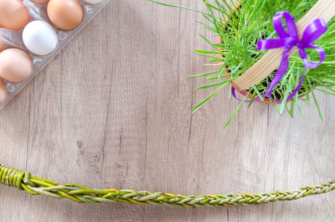 Top View Of Plant And Eggs On Wooden Table Photo