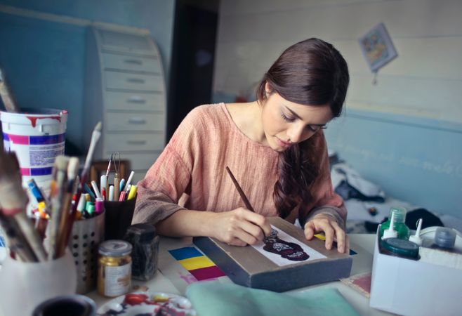 Woman In Brown Scoop-neck Long-sleeved Blouse Painting Photo