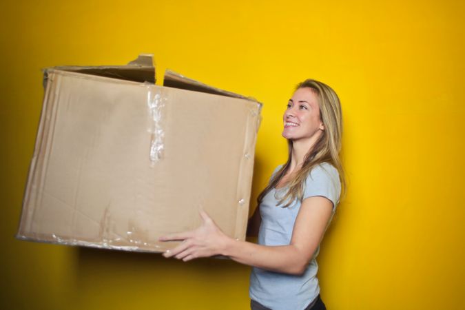 Woman In Grey Shirt Holding Brown Cardboard Box Photo