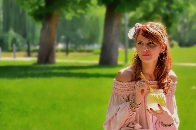 Woman In Pink Off-shoulder Long-sleeves Blouse Photo