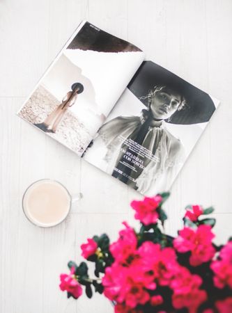 Woman Poster, Coffee Cup And Flower Bouquet On Wooden Table Photo
