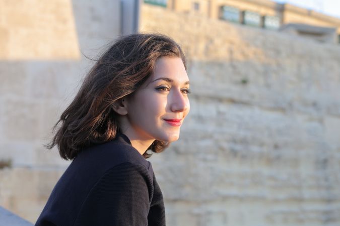 Woman Wears Black Coat And Red Lipstick Photo