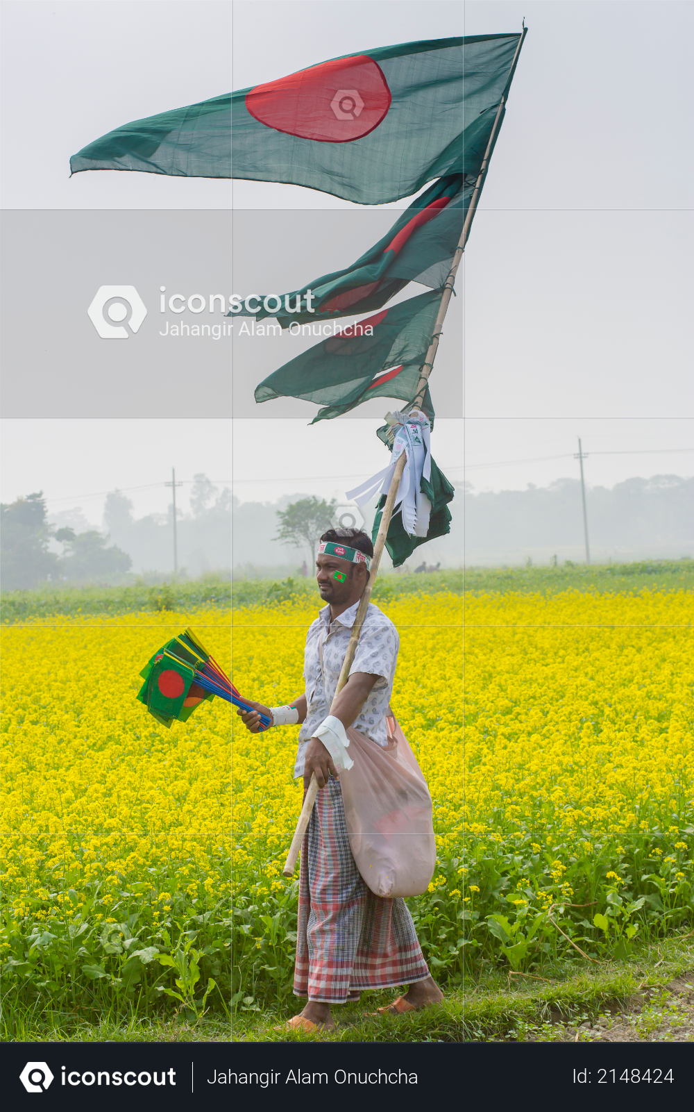 A Hawker sells Bangladeshi national flags at mustard field at Munshigonj, Dhaka, Bangladesh Photo