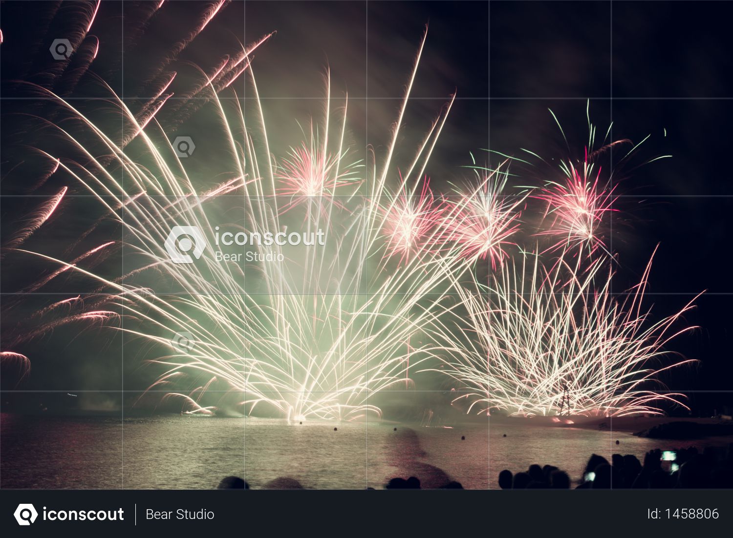 Premium Bright Firework Show Over Water Against Background Of Dark