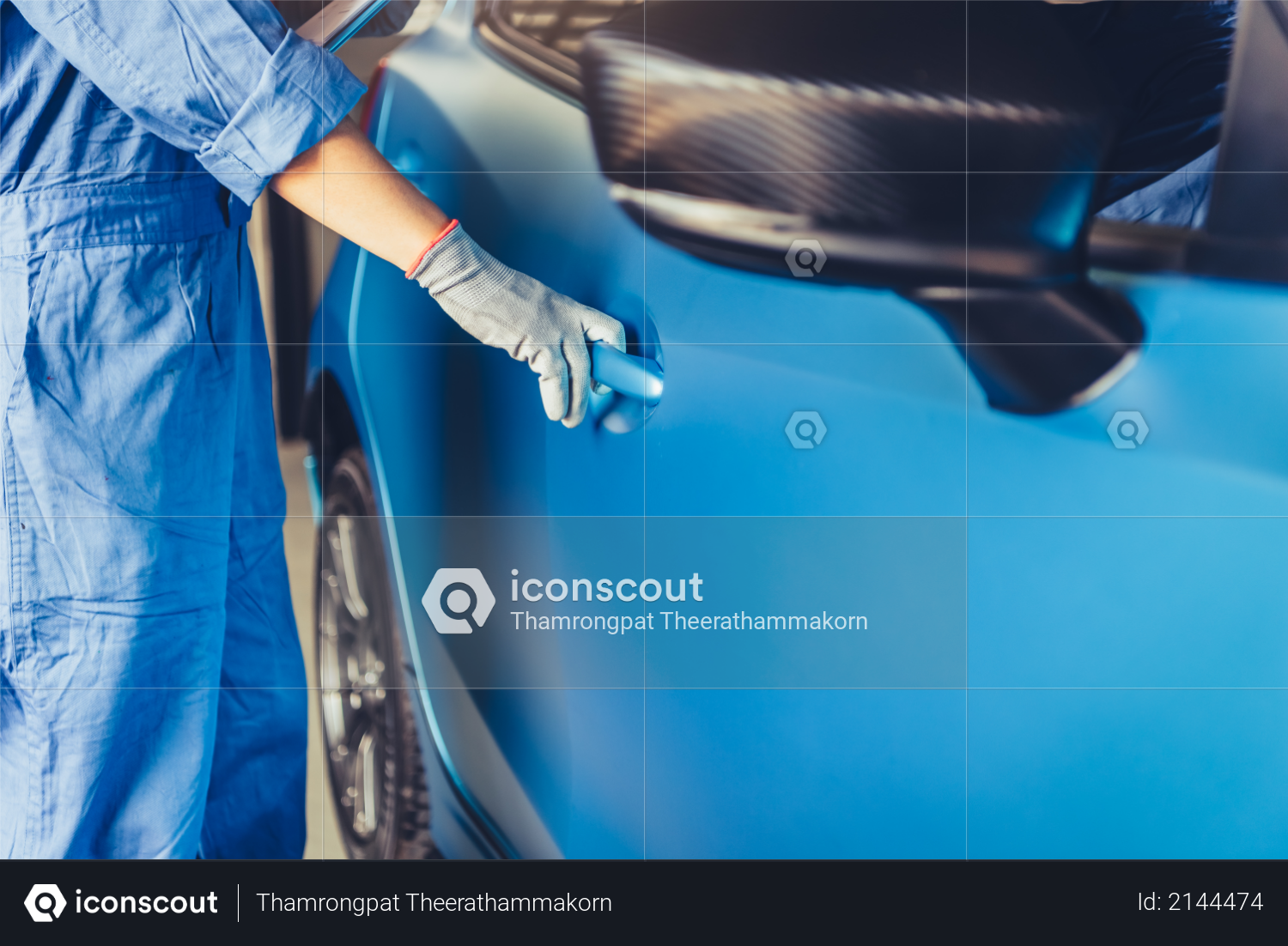 Car mechanic opening side door to maintenance vehicle check for customer claim order in auto repair shop garage. Internal repair service, People occupation business job, Automobile technician industry Photo