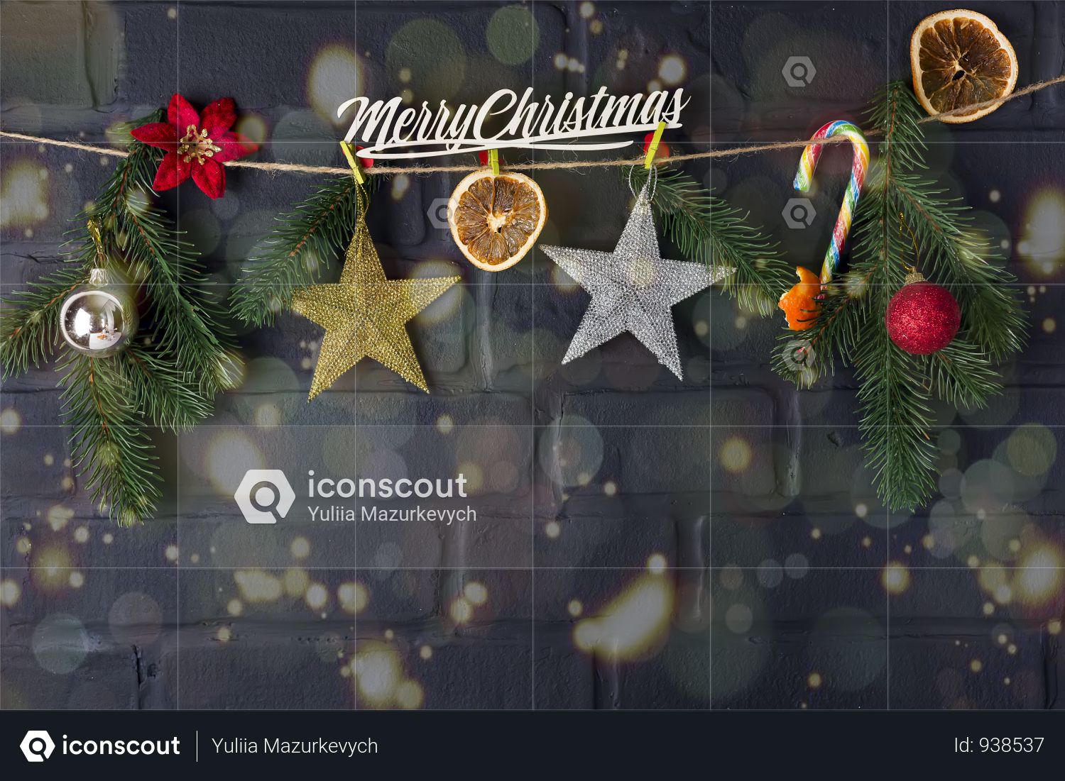 Christmas Fir Tree With Decoration On Dark Brick Background Photo