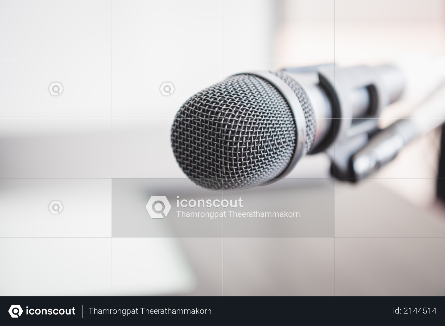 Closeup of microphone in lecture room background speech in seminar convention hall room, Mic speaker of teacher on podium in college or university Photo
