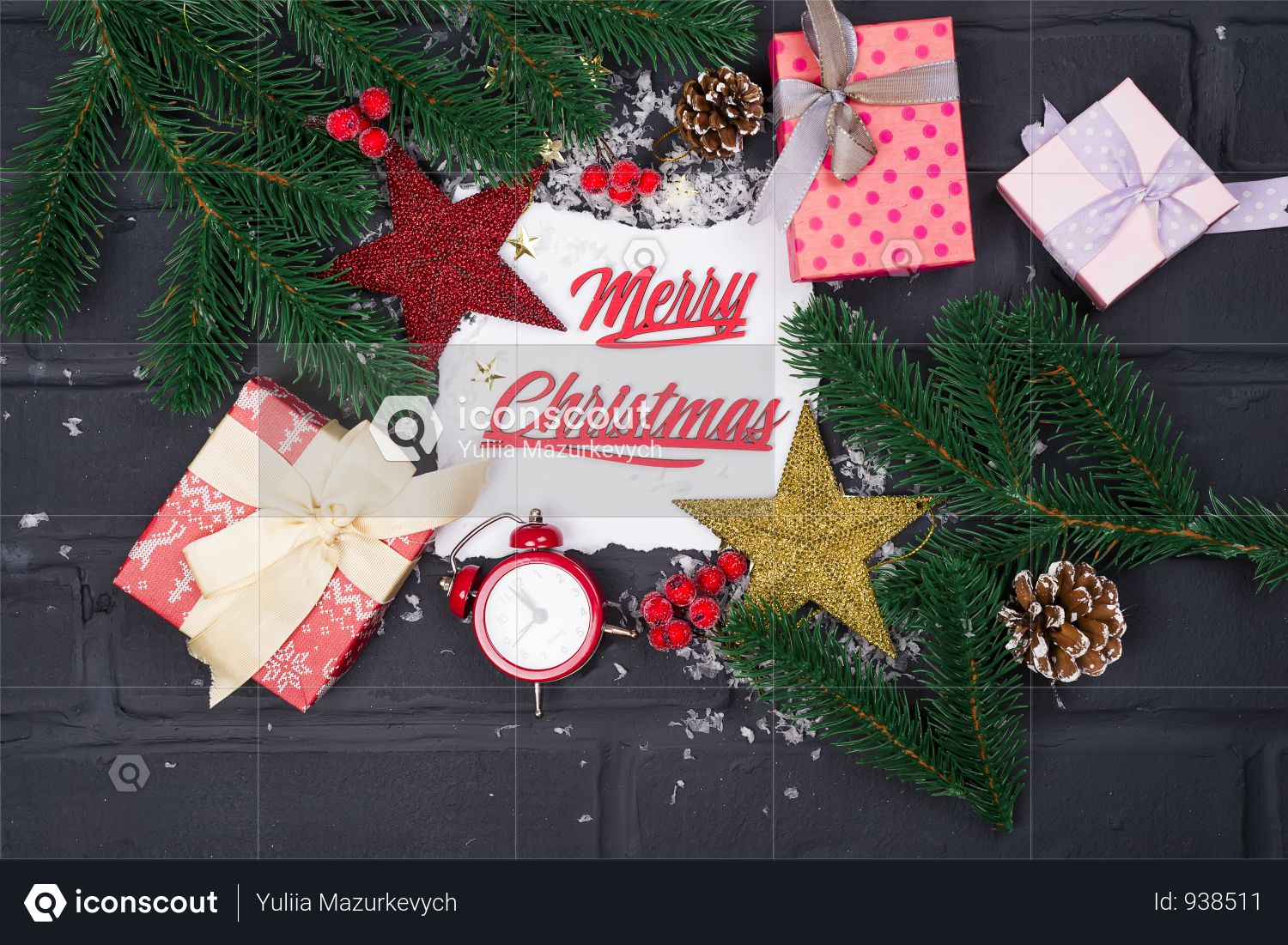 Frame Of Christmas Tree Branches, Gift Boxes, Red Clocks And Christmas Toys Around A White Sheet Of Paper Photo