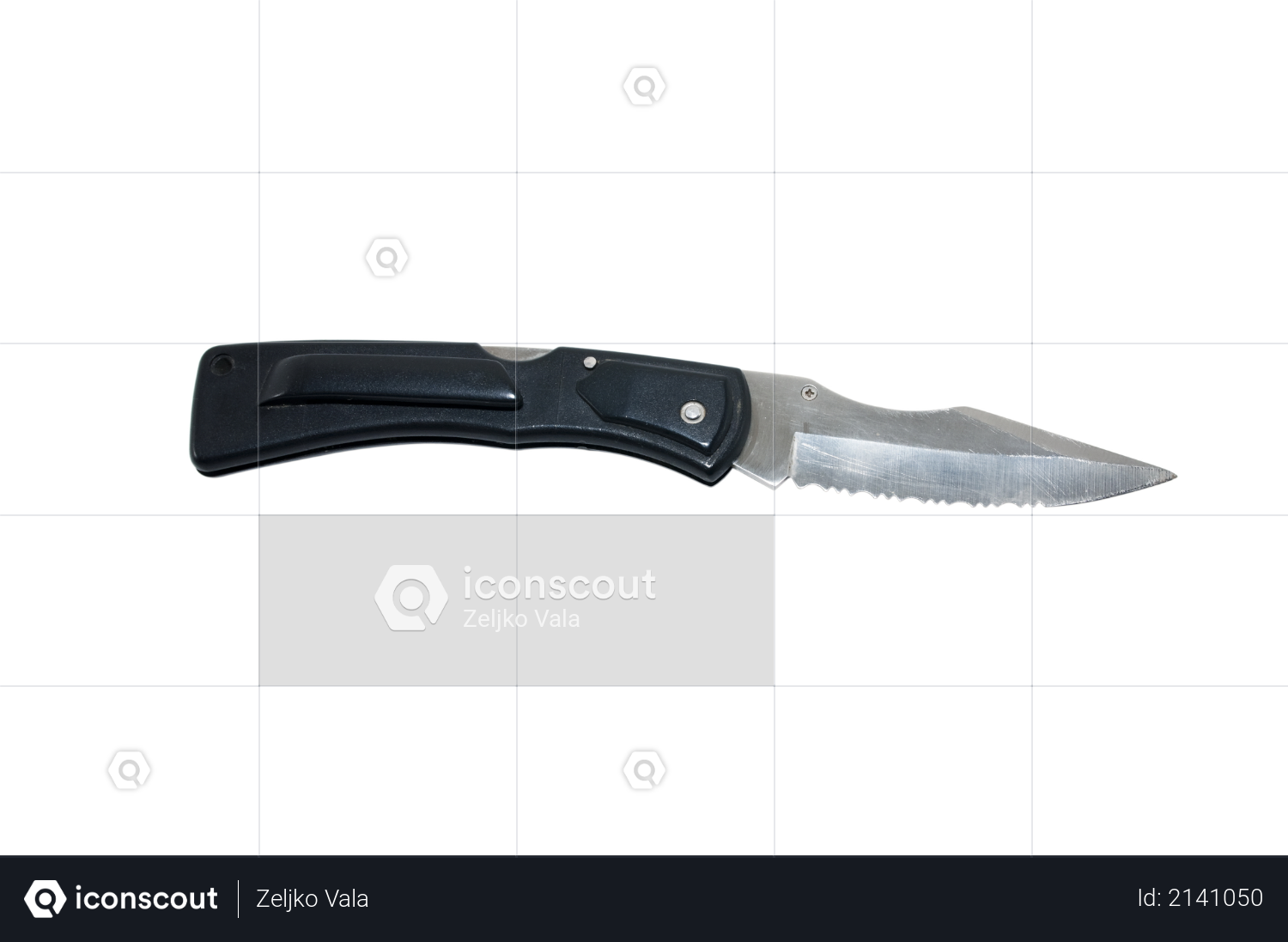 Hunting or fishing folding knife with a black handle isolated on white background Photo