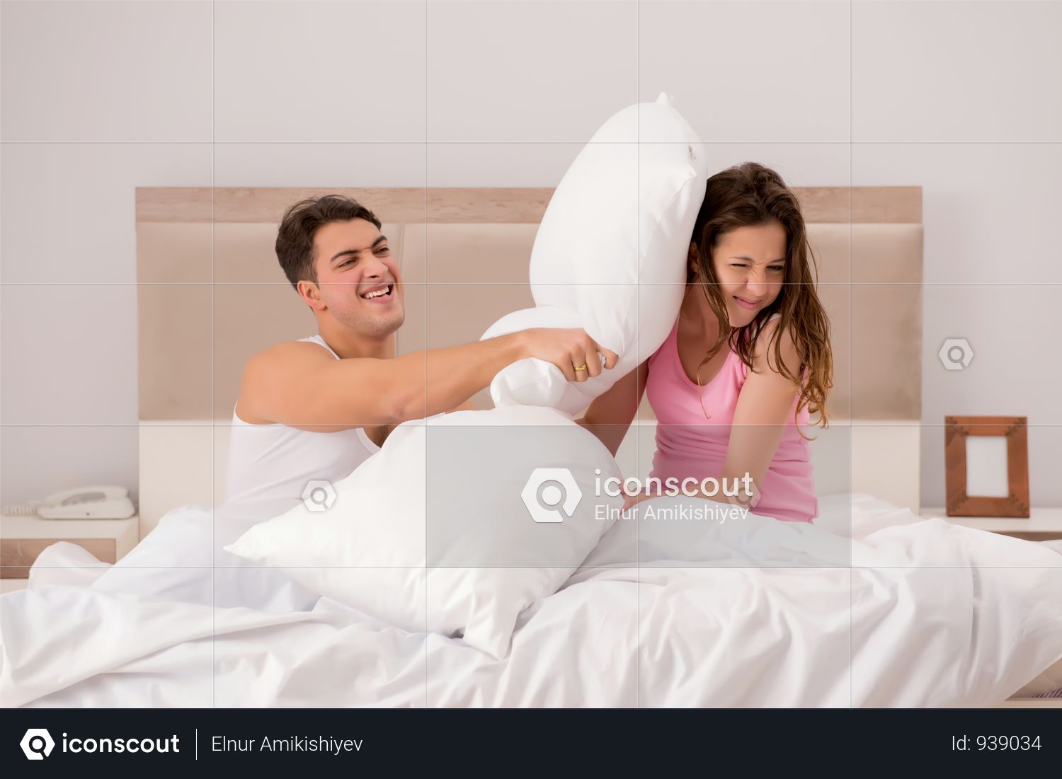 Premium Husband And Wife Playing With Pillow In Bedroom Photo Download In Png Jpg Format