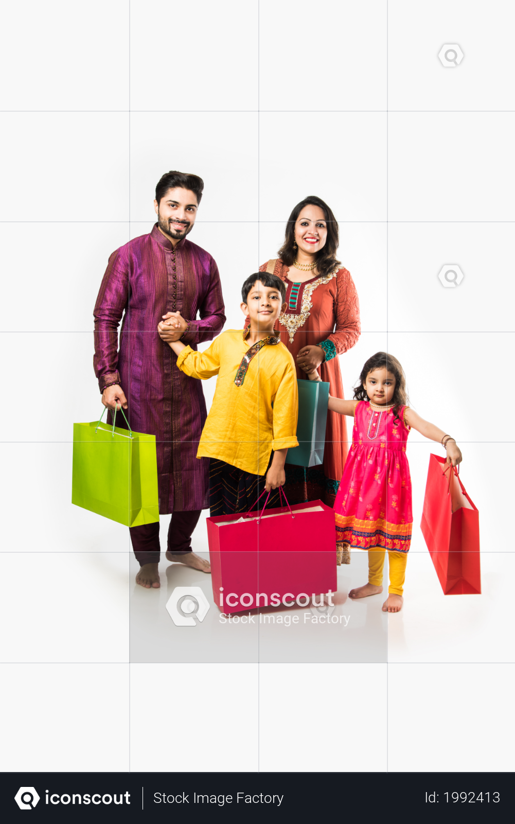 premium indian family celebrating diwali or deepavali in traditional wear with shopping bags standing isolated over white background photo download in png jpg format