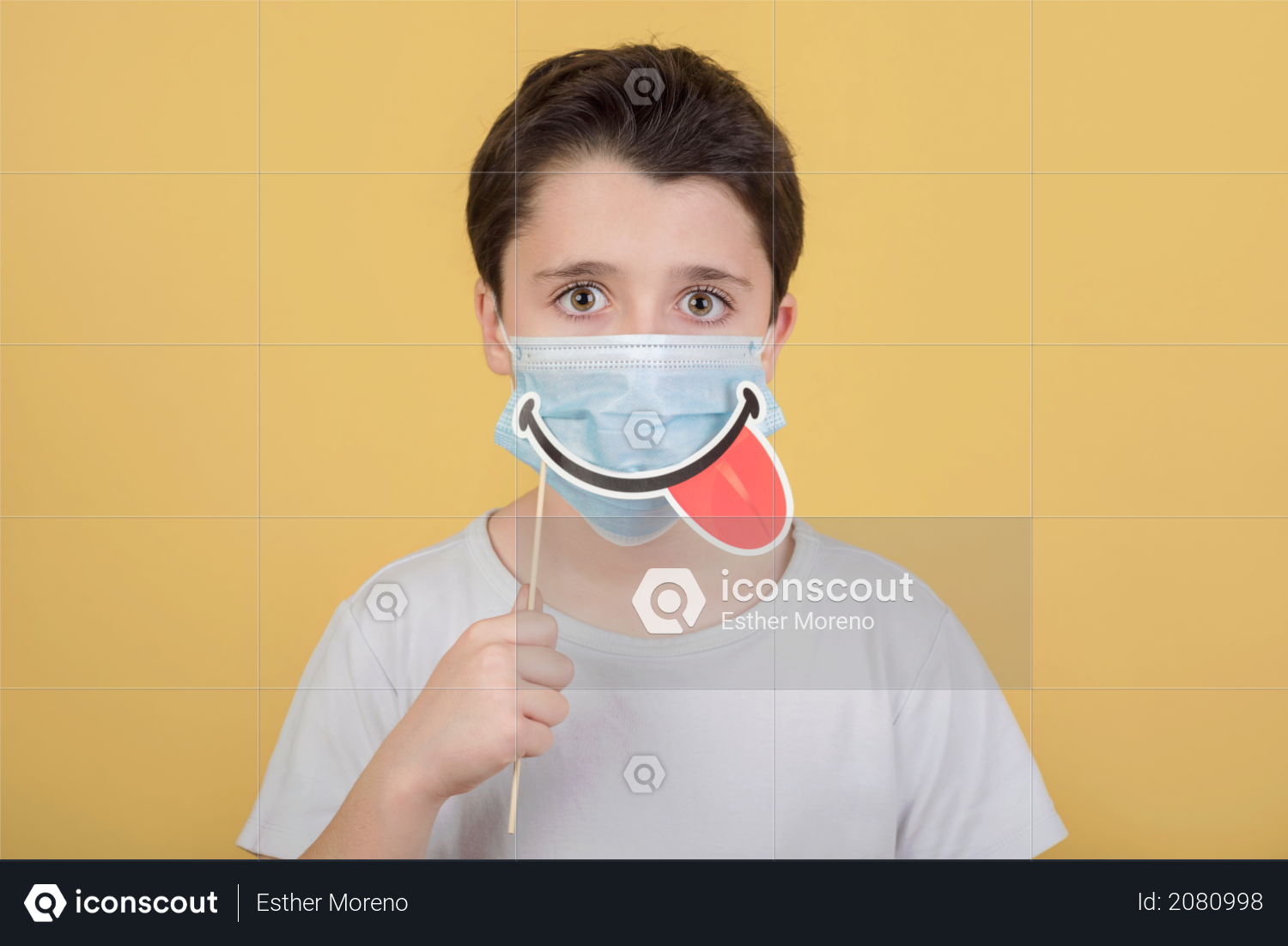 Download Premium Kid Wearing Medical Mask And Smile False On Stick Over Yellow Background Photo Download In Png Jpg Format PSD Mockup Templates