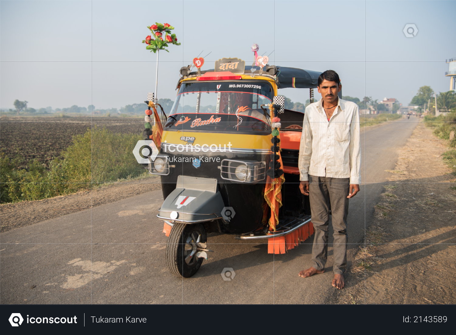 Man with auto rickshaw, People daily lifestyle in rural village Salunkwadi, Ambajogai, Beed, Maharashtra, India, South East Asia Photo