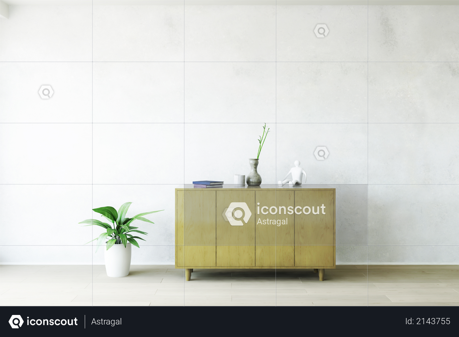 Old Wooden Commode with Accessories near the White Plaster Dirty Wall, Green Plant on the Wooden Floor, Fashion Decor, Living Room Conceptual Style, 3D Rendering Trendy Art Graphic Design Photo