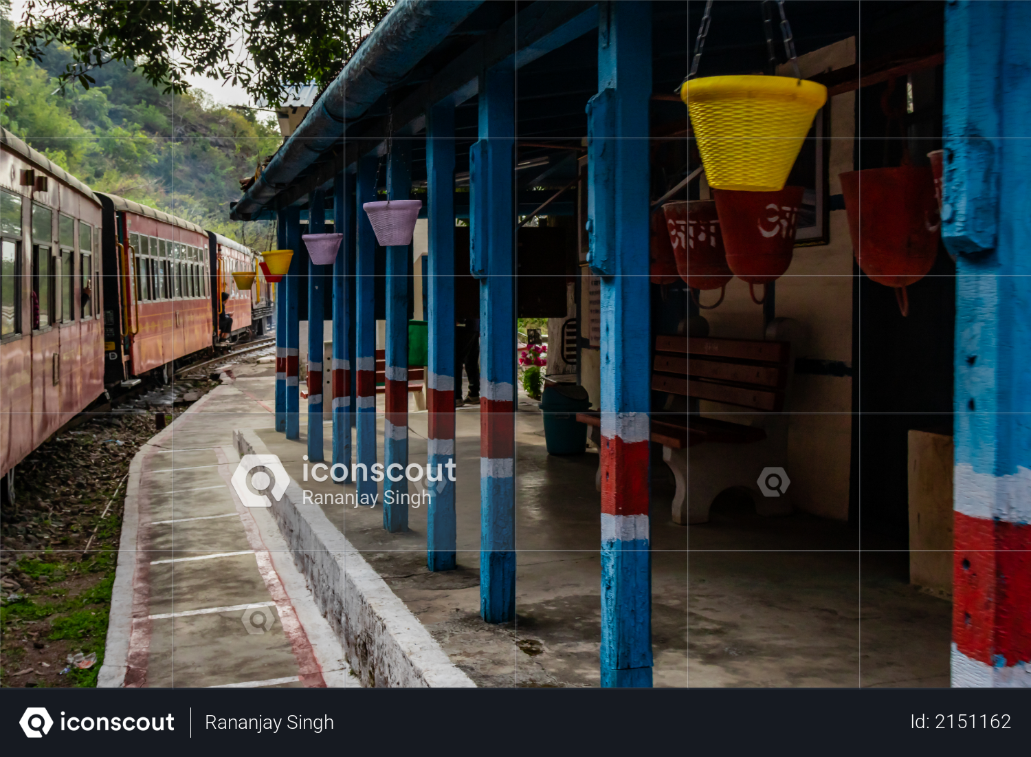 Photography of railway station with a train passing by, travel concept Photo