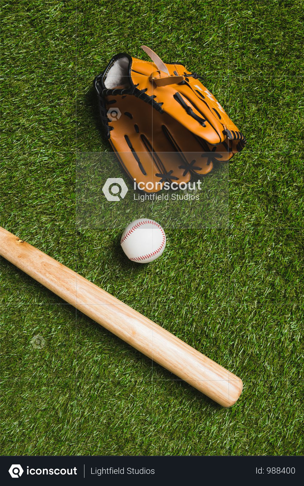 Top View Of Baseball Bat With Ball And Glove On Grass Photo