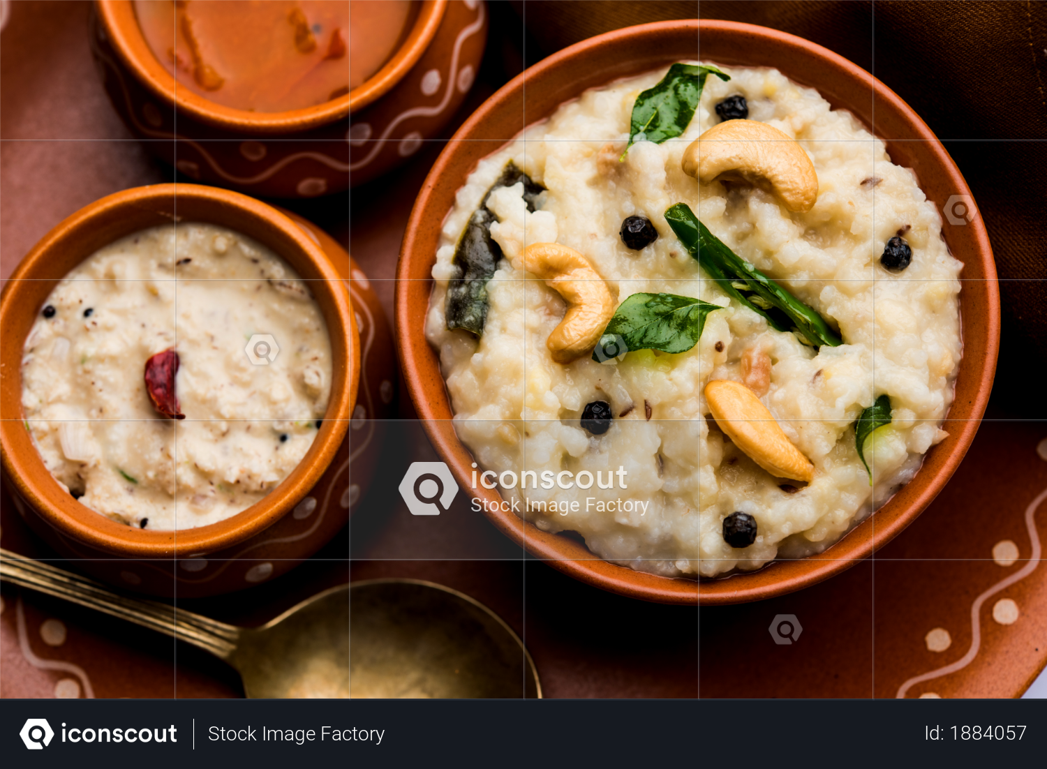 premium ven pongal recipe is a popular south indian food prepared with rice moong dal and served with sambar and coconut chutney selective focus photo download in png jpg format iconscout