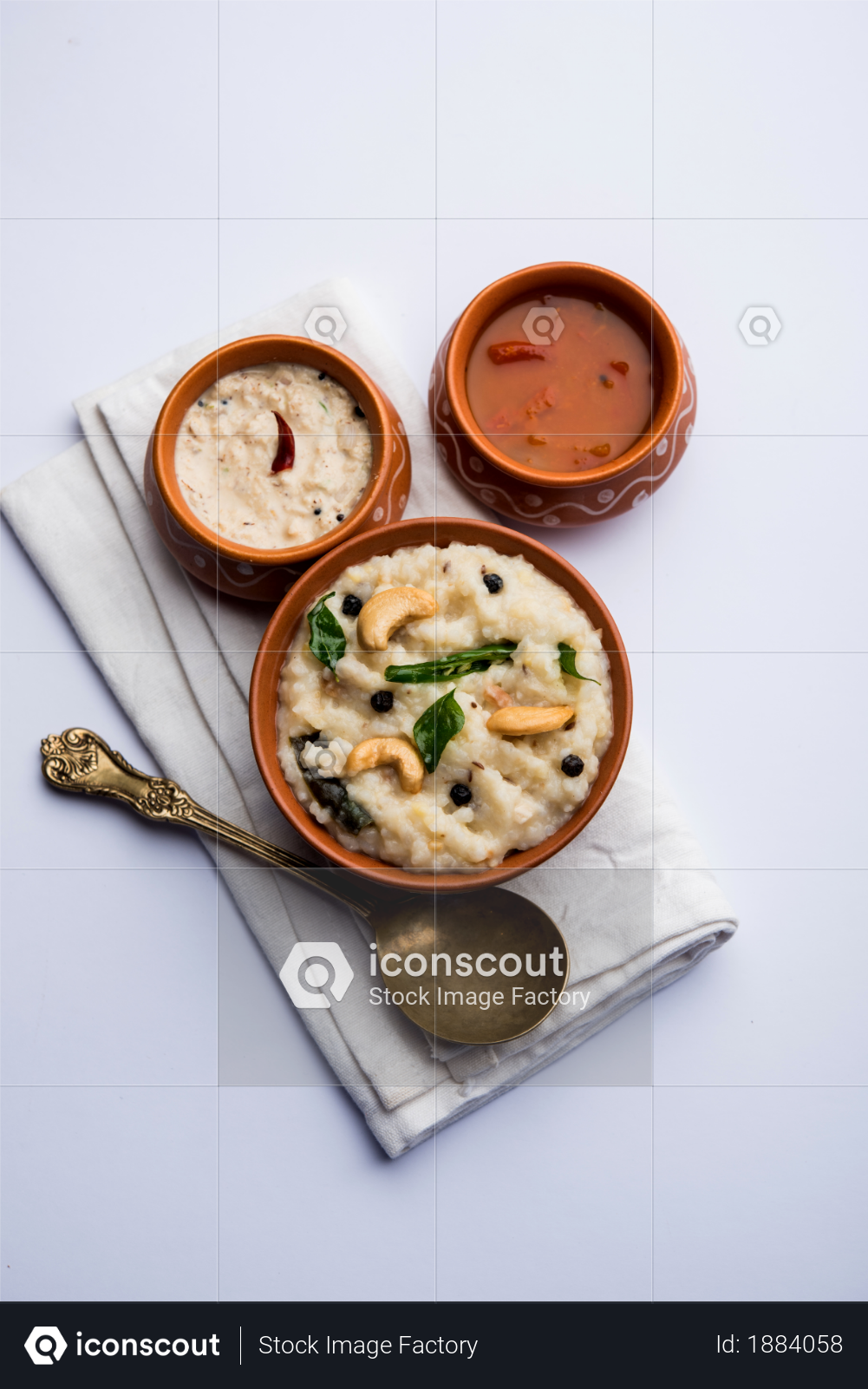 premium ven pongal recipe is a popular south indian food prepared with rice moong dal and served with sambar and coconut chutney selective focus photo download in png jpg format iconscout