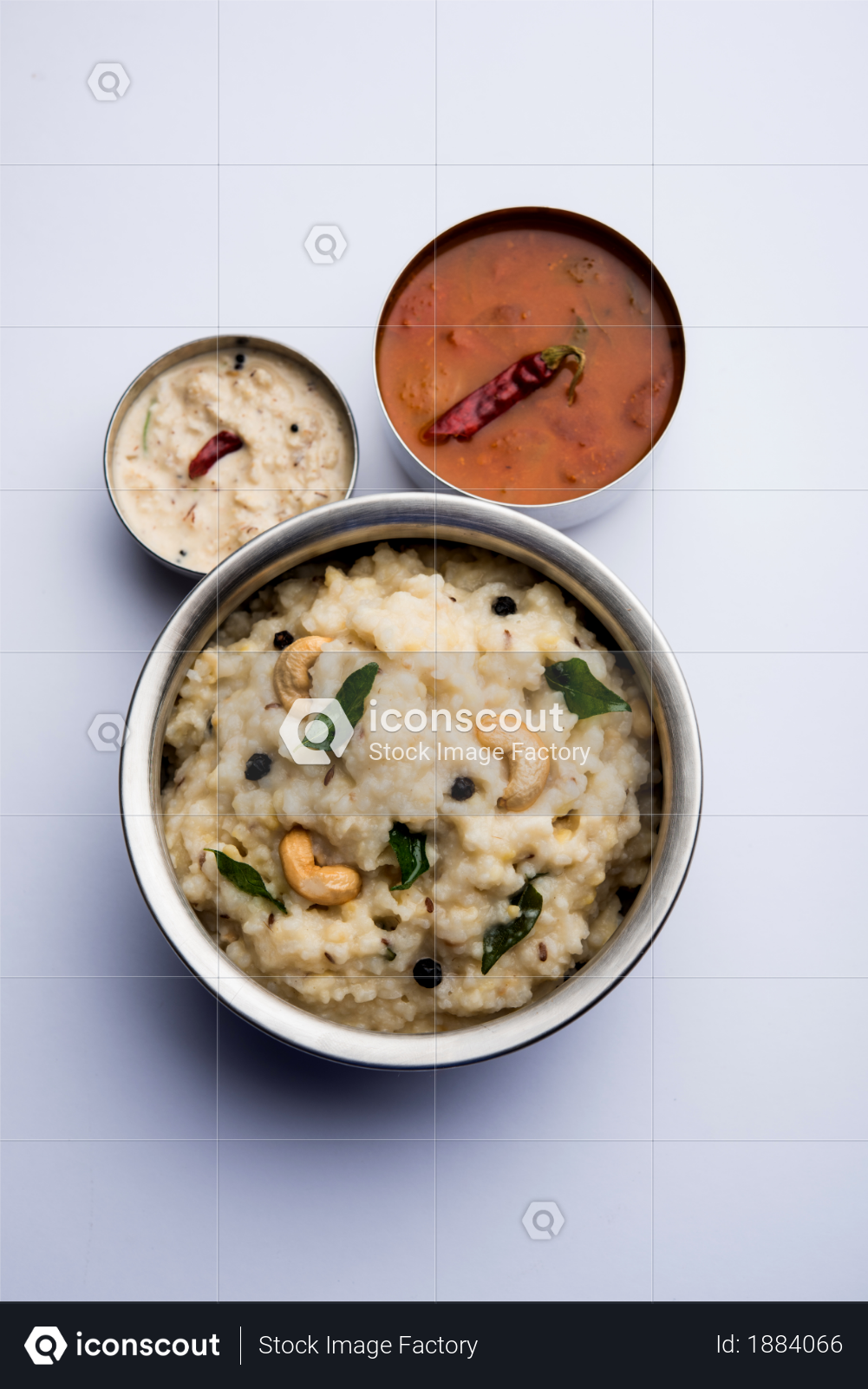 premium ven pongal recipe is a popular south indian food prepared with rice moong dal and served with sambar and coconut chutney selective focus photo download in png jpg format iconscout