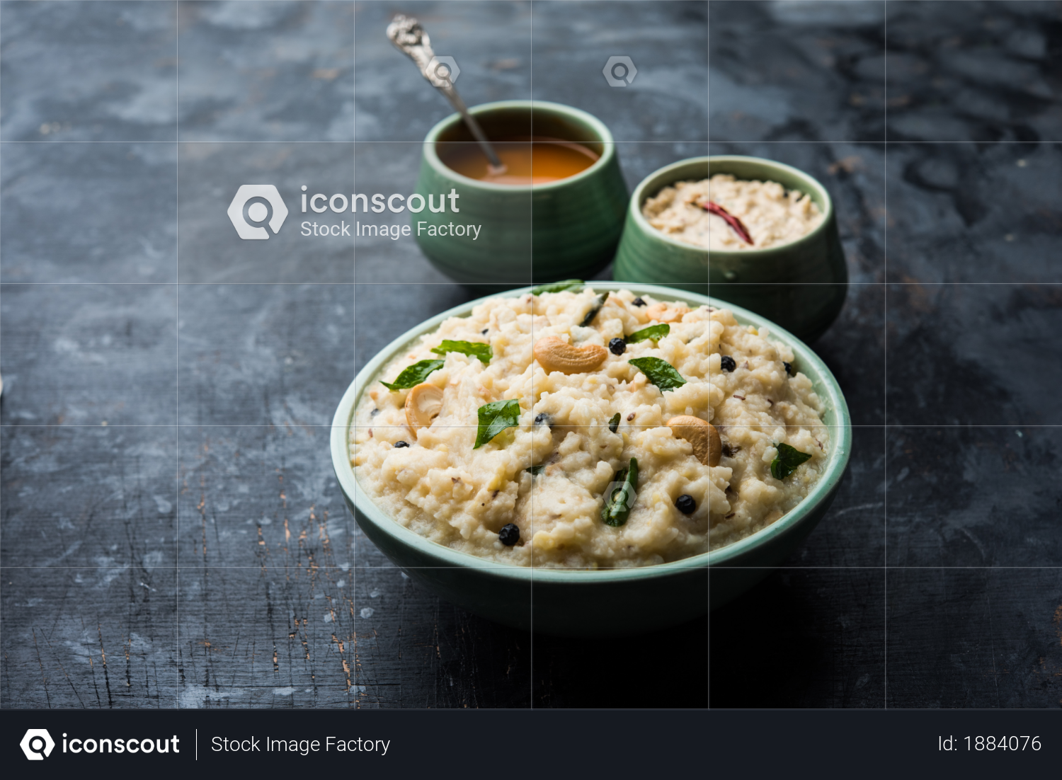 premium ven pongal recipe is a popular south indian food prepared with rice moong dal and served with sambar and coconut chutney selective focus photo download in png jpg format iconscout