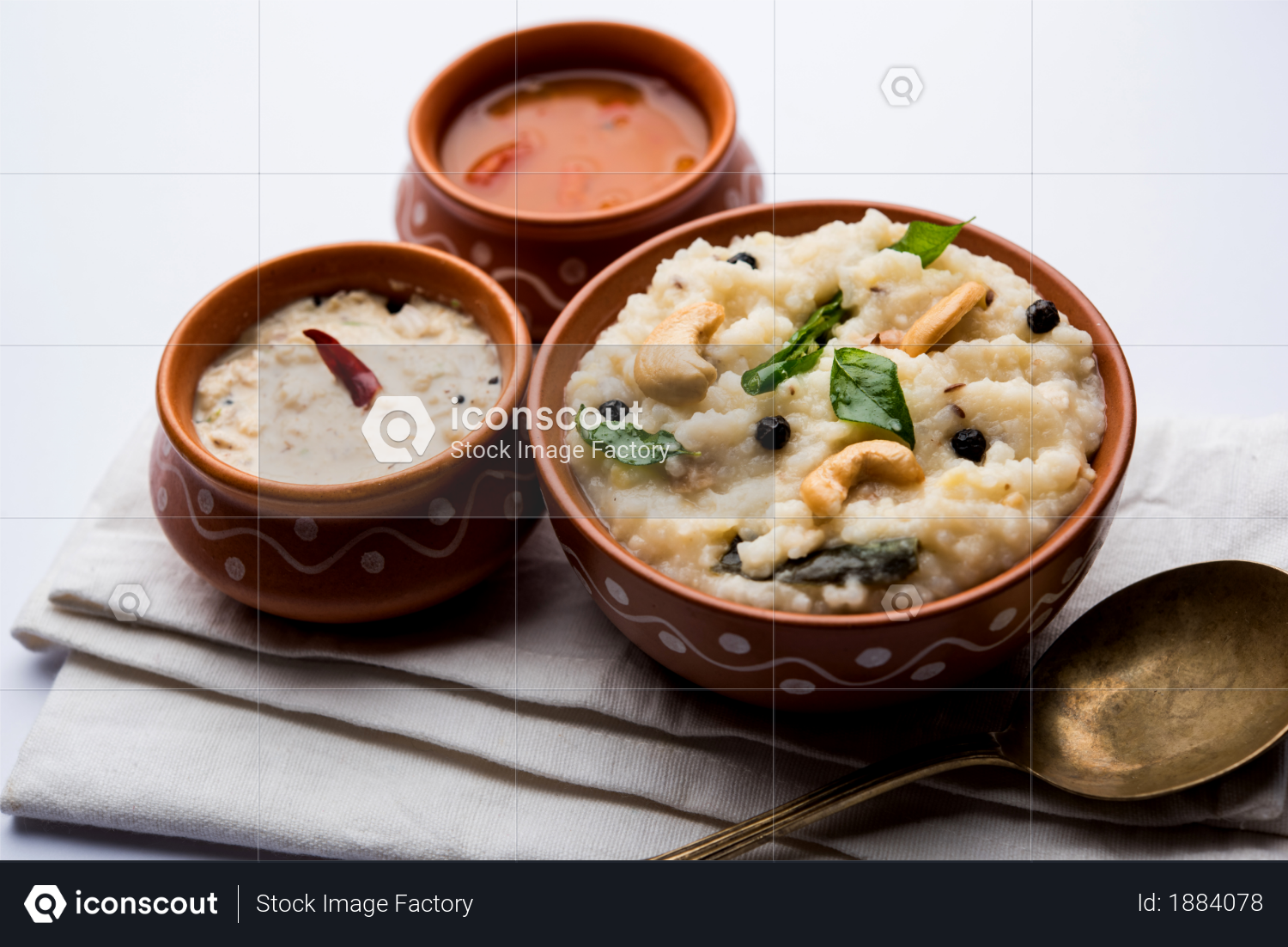 premium ven pongal recipe is a popular south indian food prepared with rice moong dal and served with sambar and coconut chutney selective focus photo download in png jpg format iconscout