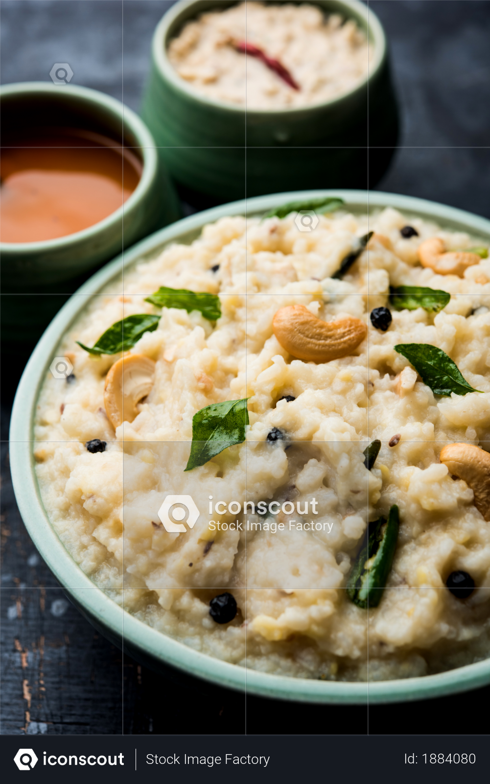 premium ven pongal recipe is a popular south indian food prepared with rice moong dal and served with sambar and coconut chutney selective focus photo download in png jpg format iconscout