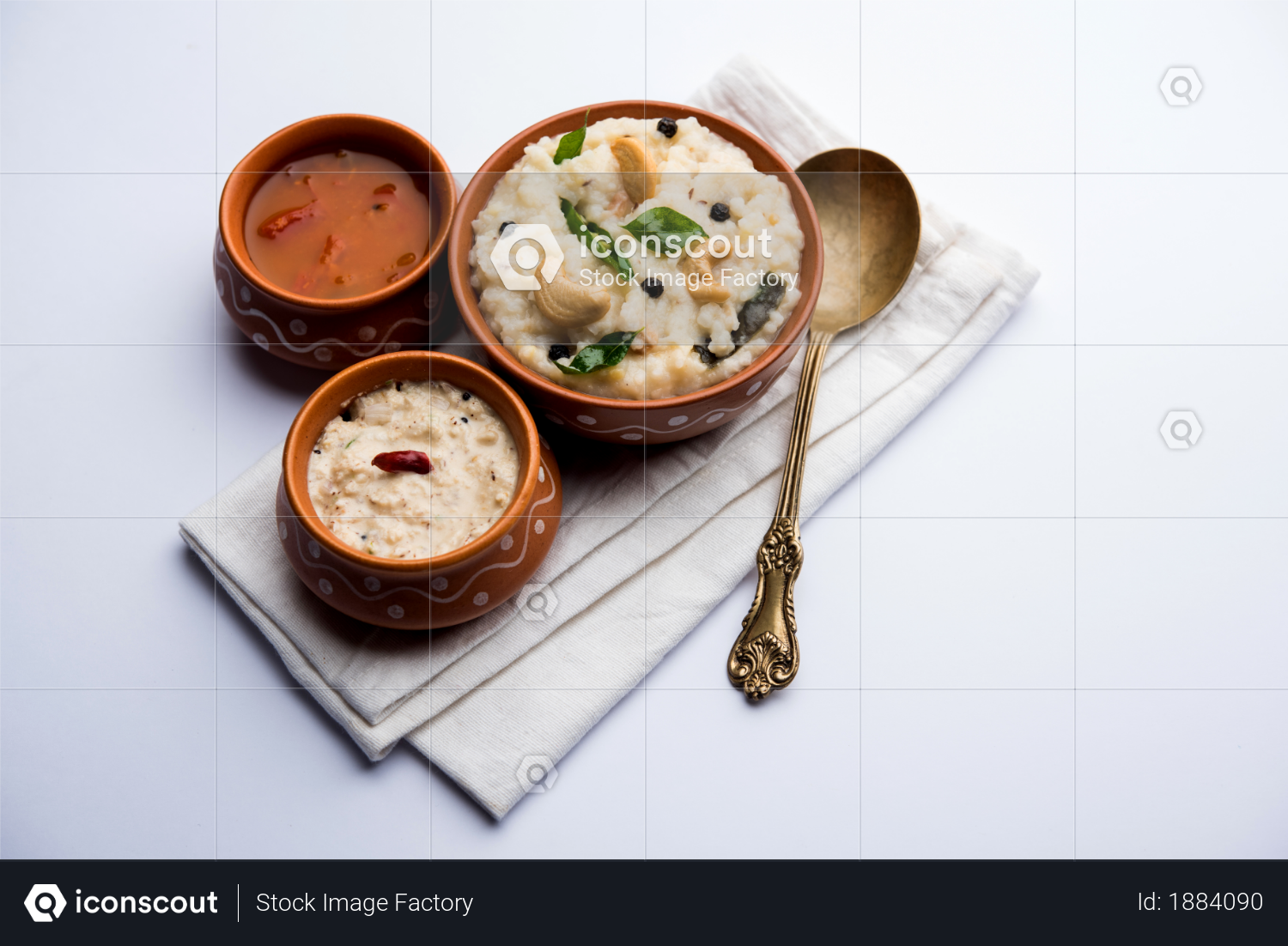 premium ven pongal recipe is a popular south indian food prepared with rice moong dal and served with sambar and coconut chutney selective focus photo download in png jpg format iconscout