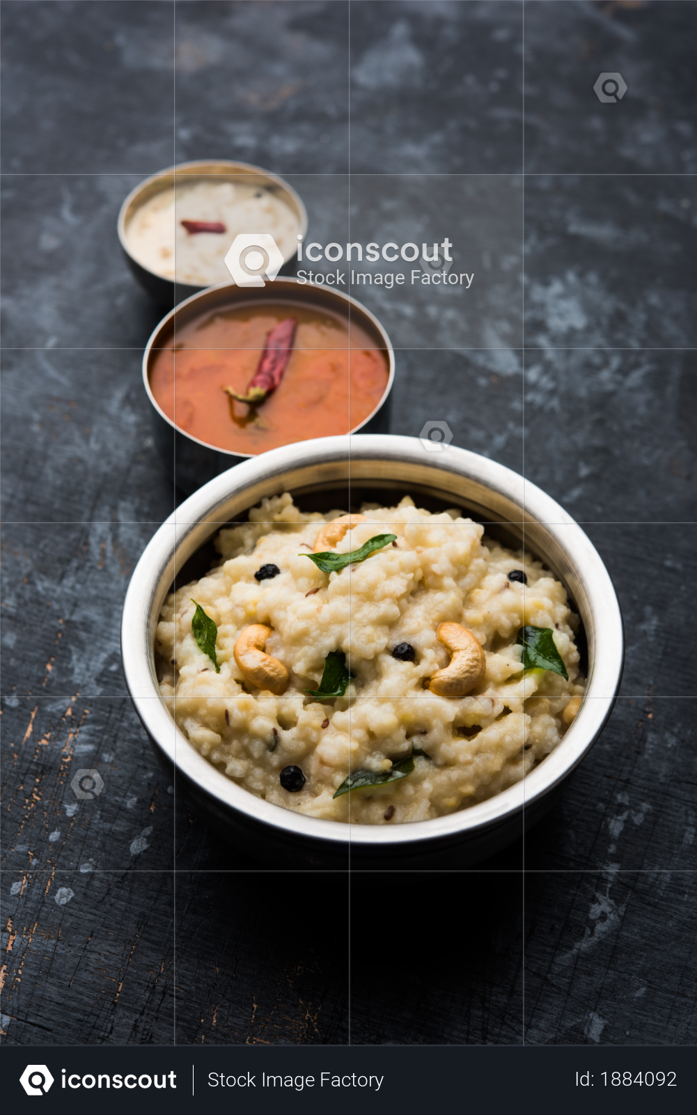 premium ven pongal recipe is a popular south indian food prepared with rice moong dal and served with sambar and coconut chutney selective focus photo download in png jpg format iconscout