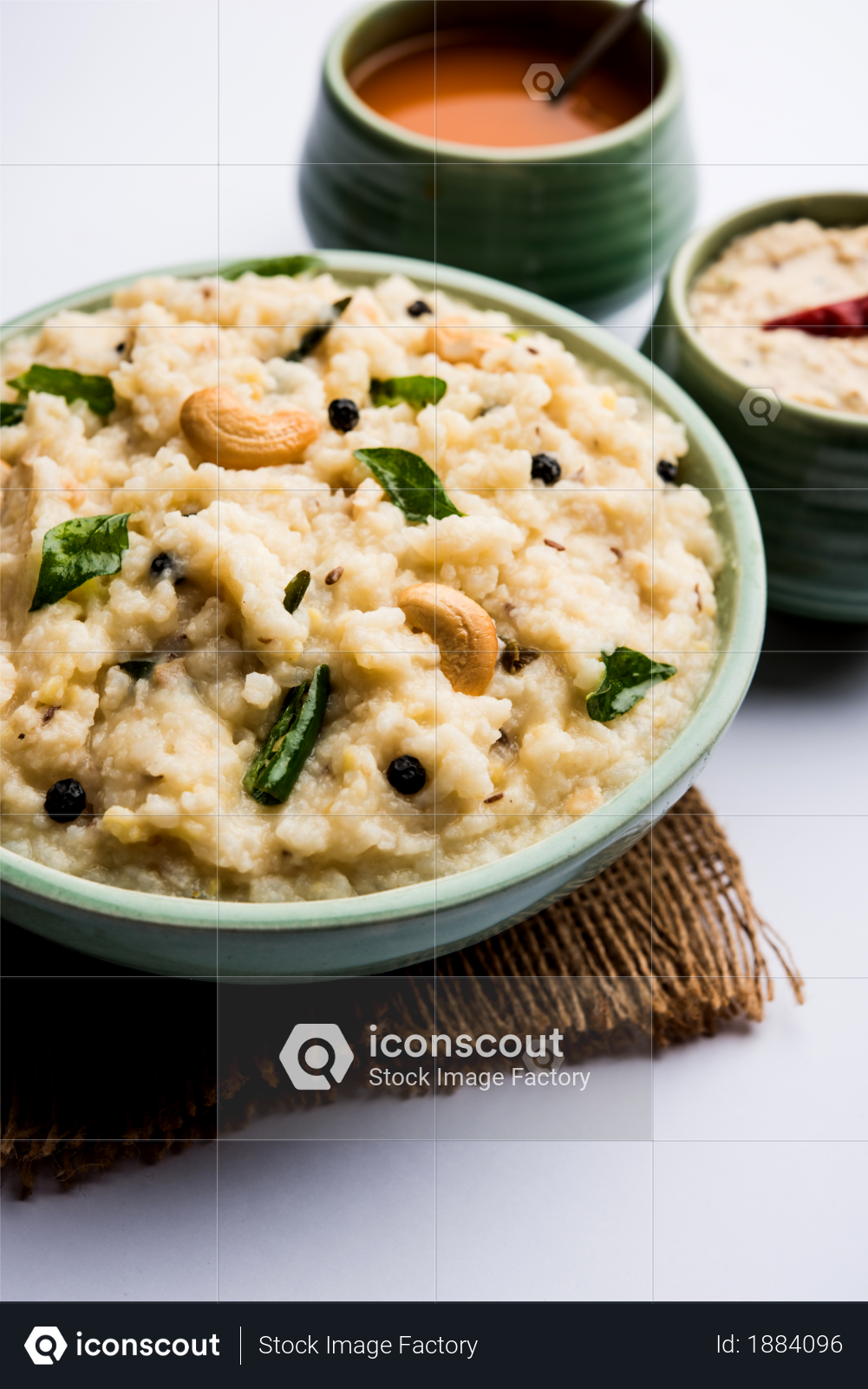 premium ven pongal recipe is a popular south indian food prepared with rice moong dal and served with sambar and coconut chutney selective focus photo download in png jpg format iconscout