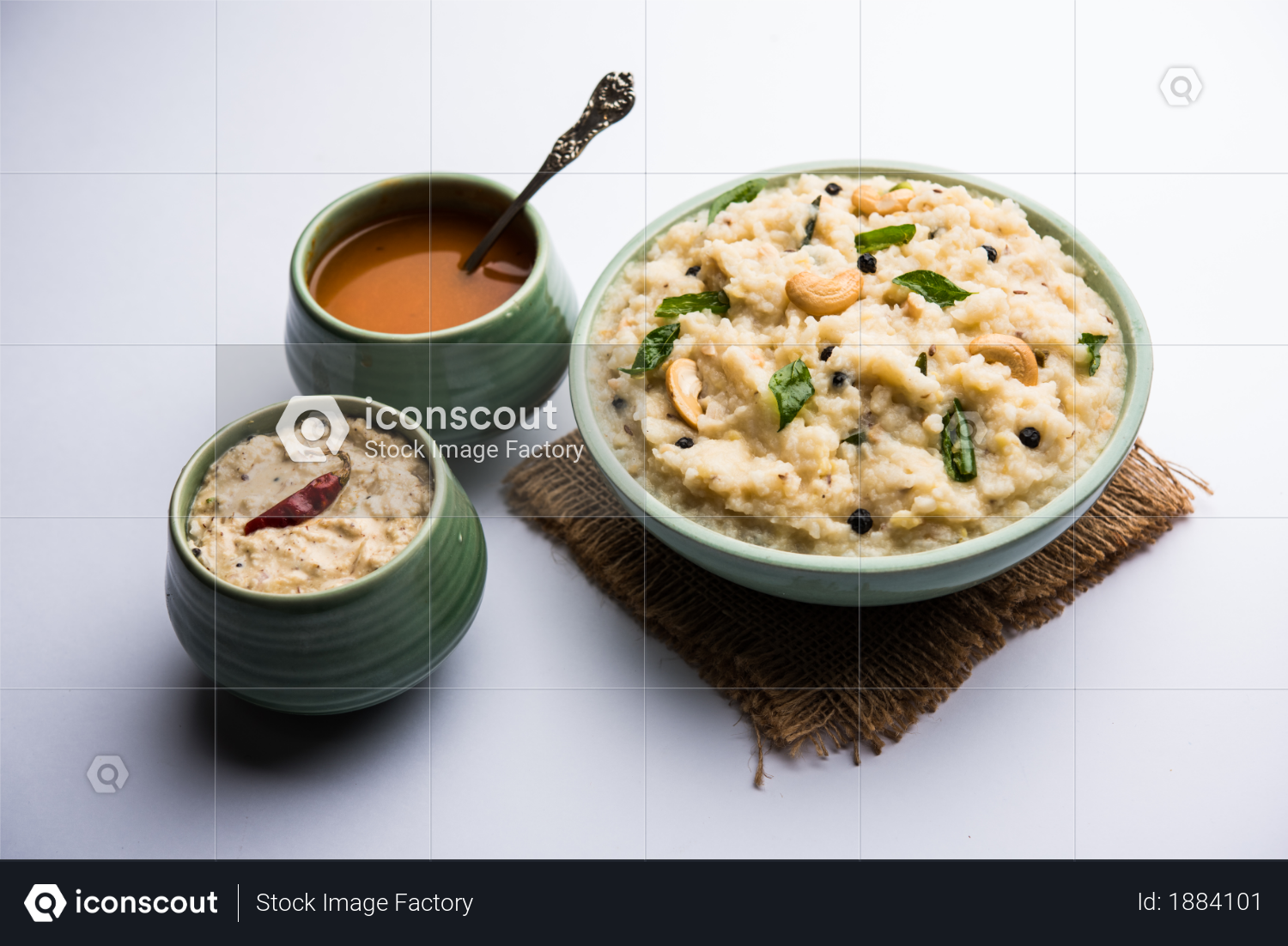 premium ven pongal recipe is a popular south indian food prepared with rice moong dal and served with sambar and coconut chutney selective focus photo download in png jpg format iconscout