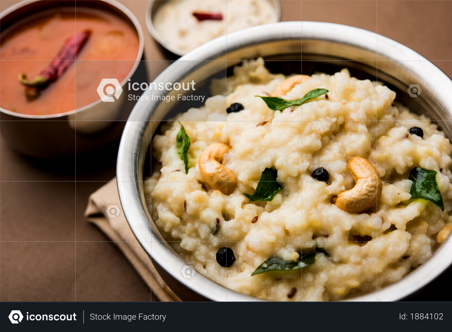 premium ven pongal recipe is a popular south indian food prepared with rice moong dal and served with sambar and coconut chutney selective focus photo download in png jpg format iconscout