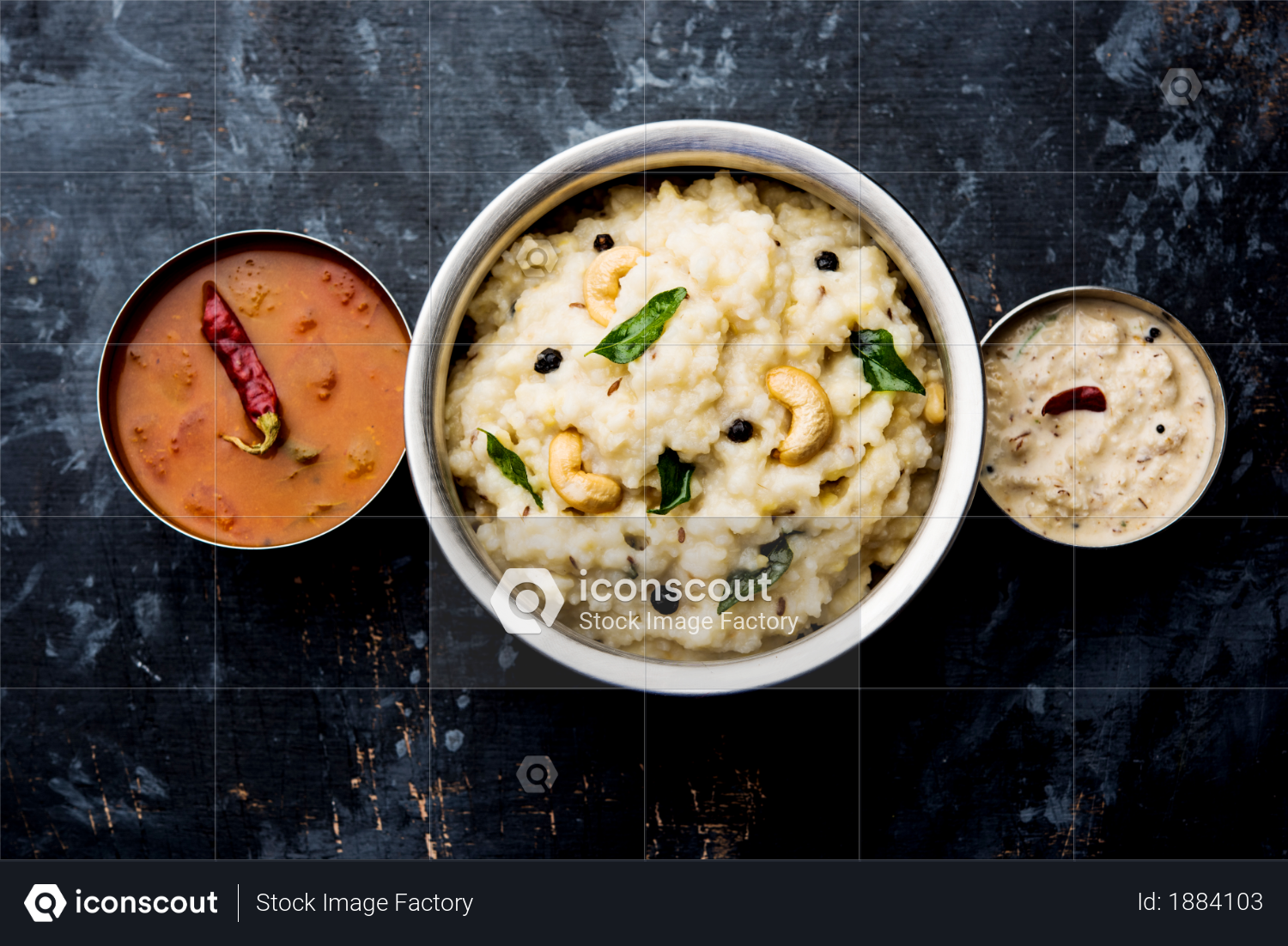 premium ven pongal recipe is a popular south indian food prepared with rice moong dal and served with sambar and coconut chutney selective focus photo download in png jpg format iconscout