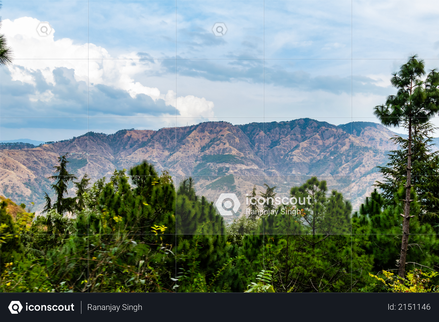 Wide shot of beautiful mounaits with cloudy blue sky and trees bush in the foreground Photo