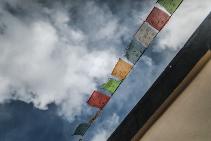 Down Angle Photography Pack Of On Mani Padme Hum Flags Waving In The Sky Photo